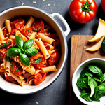 One-Pot Pasta Delight**

A top-down, vibrant photo of a steaming one-pot tomato pasta dish in a rustic ceramic pot. The pasta should be colorful, featuring ingredients like bright red tomato sauce, green broccoli florets, sliced sausage, and a sprinkle of fresh basil. A visible red pepper flake or two would suggest a hint of spice. Focus on highlighting the ease and appeal of a single-pot meal. Casual, home-cooked, delicious vibe.

**