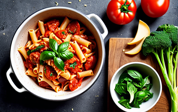 One-Pot Pasta Delight**

A top-down, vibrant photo of a steaming one-pot tomato pasta dish in a rustic ceramic pot. The pasta should be colorful, featuring ingredients like bright red tomato sauce, green broccoli florets, sliced sausage, and a sprinkle of fresh basil. A visible red pepper flake or two would suggest a hint of spice. Focus on highlighting the ease and appeal of a single-pot meal. Casual, home-cooked, delicious vibe.

**